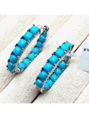 D Joy Sleeping Beauty Turquoise Sterling Silver Inside Outside Hoop Earrings 1"